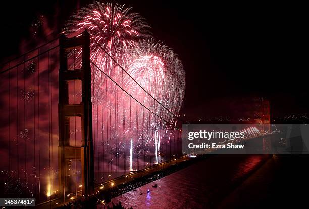 Fireworks explode over the Golden Gate Bridge on May 27, 2012 in San Francisco, California. The Golden Gate Bridge celebrates its 75th anniversary...