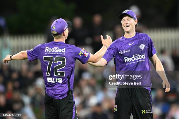 Mitch Owen of the Hurricanes celebrates the wicket of Chris Lynn of the Strikers during the Men's Big Bash League match between the Hobart Hurricanes...