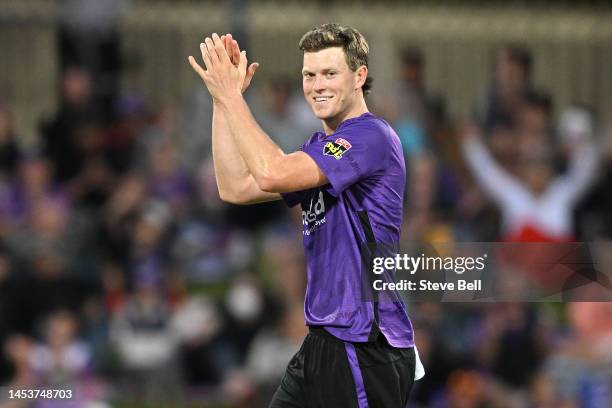 Mitch Owen of the Hurricanes celebrates the wicket of Chris Lynn of the Strikers during the Men's Big Bash League match between the Hobart Hurricanes...