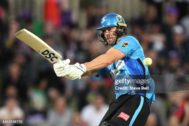 Chris Lynn of the Strikers bats during the Men's Big Bash League match between the Hobart Hurricanes and the Adelaide Strikers at Blundstone Arena,...