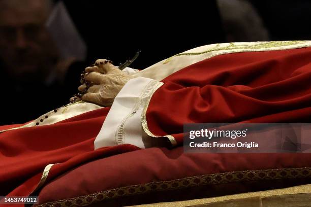 The body of Pope Emeritus Benedict XVI lies in state at St. Peter's Basilica on January 02, 2023 in Rome, Italy. Joseph Aloisius Rltzinger was born...