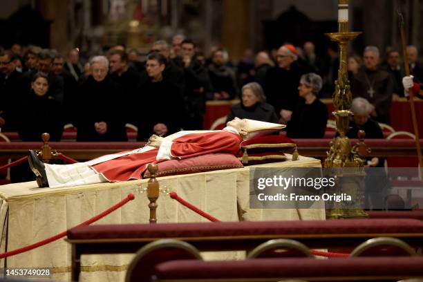 The body of Pope Emeritus Benedict XVI lies in state at St. Peter's Basilica on January 02, 2023 in Rome, Italy. Joseph Aloisius Rltzinger was born...