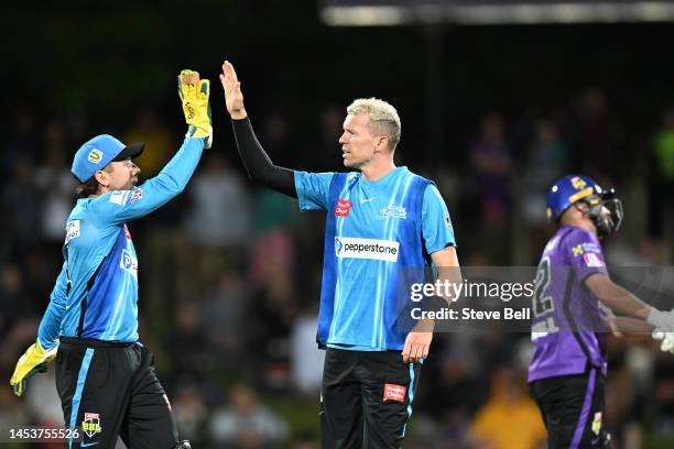 Peter Siddle of the Strikers celebrates the wicket of Caleb Jewell of the Hurricanes during the Men's Big Bash League match between the Hobart...