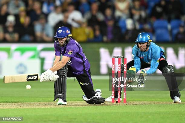 Caleb Jewell of the Hurricanes bats during the Men's Big Bash League match between the Hobart Hurricanes and the Adelaide Strikers at Blundstone...