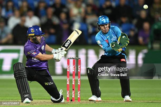 Caleb Jewell of the Hurricanes bats during the Men's Big Bash League match between the Hobart Hurricanes and the Adelaide Strikers at Blundstone...