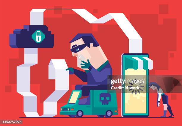 woman waiting for order transaction on smartphone online store while hacker hiding and checking order list downloaded from unsafe cloud computing - delivery person stock illustrations
