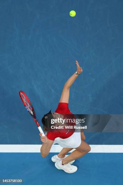 Donna Vekic of Croatia serves in the Women's singles match against Alize Cornet of France during day five of the 2023 United Cup at RAC Arena on...