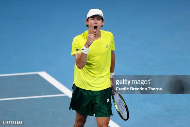 Alex de Minaur of Australia celebrates a point in his group D match against Rafael Nadal of Spain during day five of the 2023 United Cup at Ken...