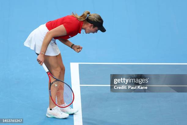 Donna Vekic of Croatia celebrates winning a game in the Women's singles match against Alize Cornet of France during day five of the 2023 United Cup...