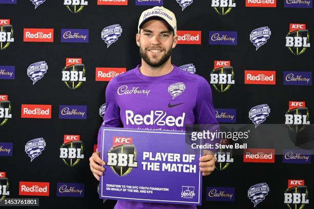 Caleb Jewell of the Hurricanes is awarded player of the match during the Men's Big Bash League match between the Hobart Hurricanes and the Adelaide...
