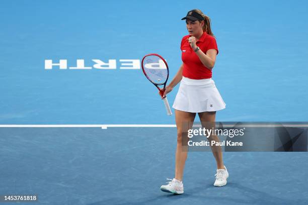 Donna Vekic of Croatia celebrates winning a game in the Women's singles match against Alize Cornet of France during day five of the 2023 United Cup...