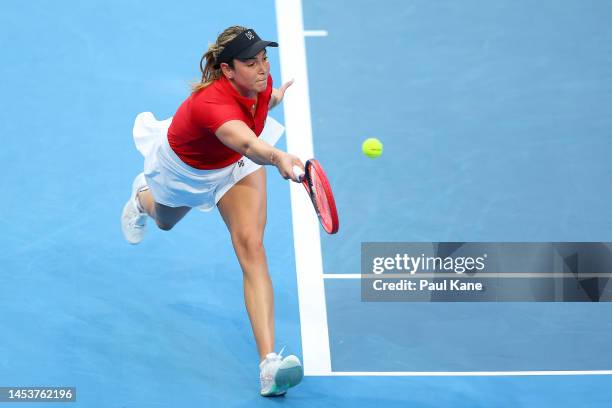 Donna Vekic of Croatia plays a forehand in the Women's singles match against Alize Cornet of France during day five of the 2023 United Cup at RAC...