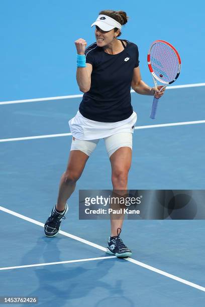 Alize Cornet of France celebrates winning a game in the Women's singles match against Donna Vekic of Croatia during day five of the 2023 United Cup...