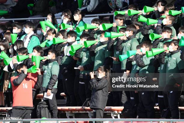 Fans of Shohei cheer during the 101st All Japan High School Soccer Tournament third round match between Shohei and Maebashi Ikuei at Urawa Komaba...