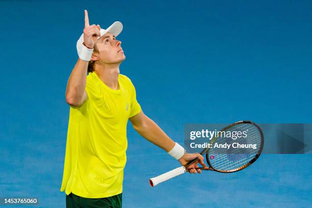 Alex De Minaur of Australia celebrates winning match point in the Group D match against Rafael Nadal of Spain during day five of the 2023 United Cup...