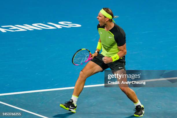 Rafael Nadal of Spain celebrates winning a point in the Group D match against Alex De Minaur of Australia during day five of the 2023 United Cup at...