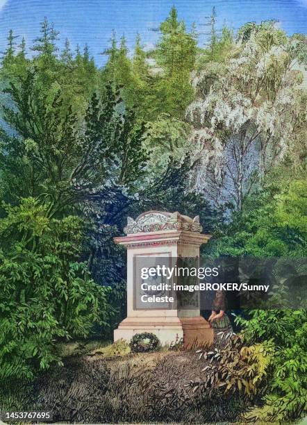 the monument to queen louise in the palace garden at hildburghausen in 1878, thuringia, germany, historical, digitally restored reproduction of a 19th century original - castelo 幅插畫檔、美工圖案、卡通及圖標