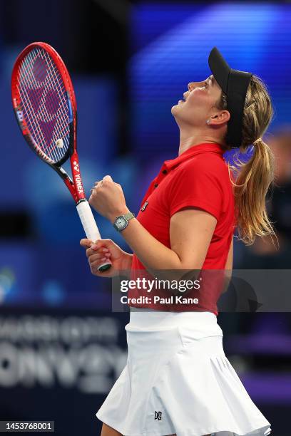 Donna Vekic of Croatia celebrates winning the Women's singles match against Alize Cornet of France during day five of the 2023 United Cup at RAC...