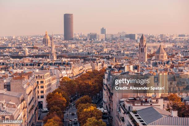 aerial view of paris cityscape at sunset, paris, france - tour montparnasse stock pictures, royalty-free photos & images