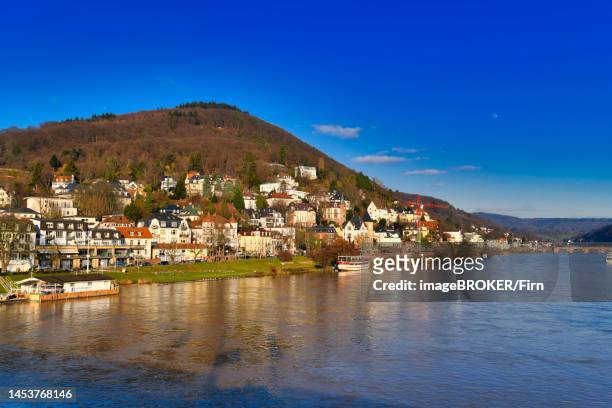 heidelberg, germany, february 2020 view on odenwald forest called heiligenberg with historical mansions and neckar river in city heidelberg in germany, view from theodor heuss bridge on sunny day - theodor heuss bridge stock-fotos und bilder