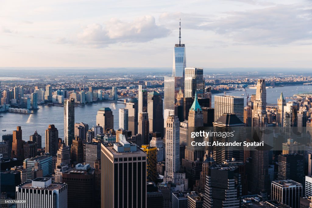 Aerial helicopter view of Manhattan Financial District, New York City, USA