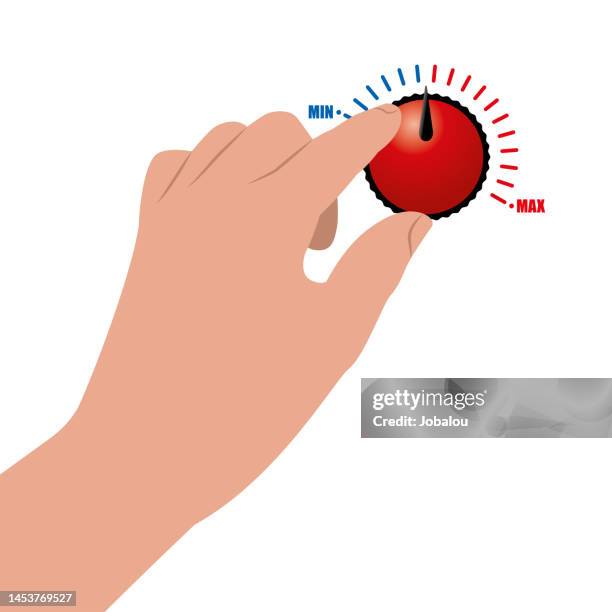 human hand holding knob to control in between minimum and maximum - knob stock illustrations