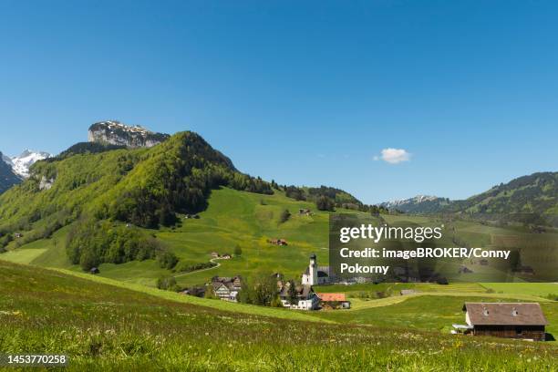 mountain landscape with green meadows and pastures, view of ebenalp and the village of schwende, canton appenzell-innerrhoden, switzerland - appenzell innerrhoden stock pictures, royalty-free photos & images
