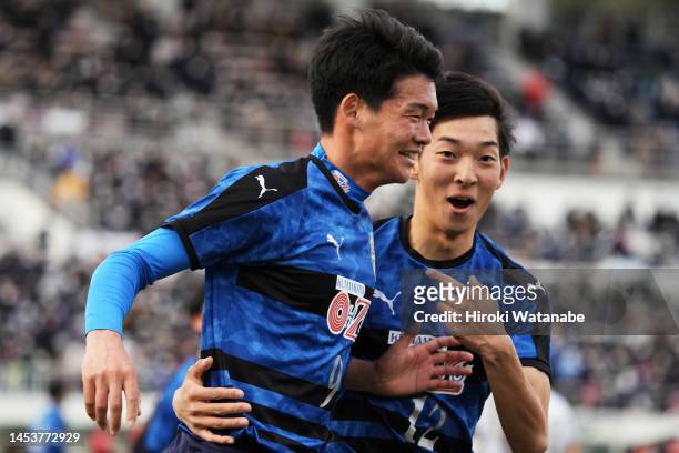 Shunei Kobayashi of Ozu celebrates scoring his team's scond goal during the 101st All Japan High School Soccer Tournament third round match between...