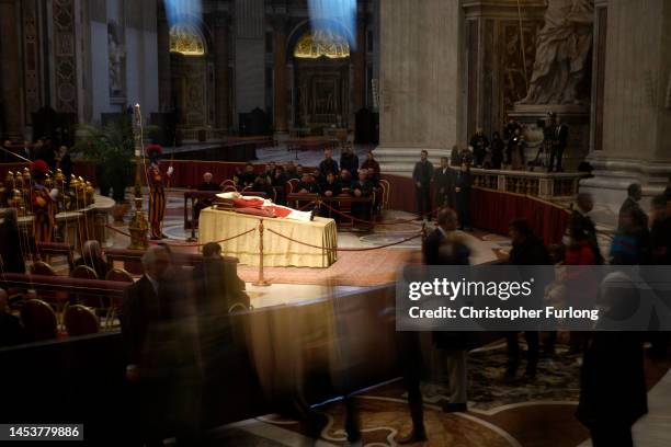 The body of Pope Emeritus Benedict XVI lies in state at St. Peter's Basilica on January 02, 2023 in Rome, Italy. Joseph Aloisius Rltzinger was born...