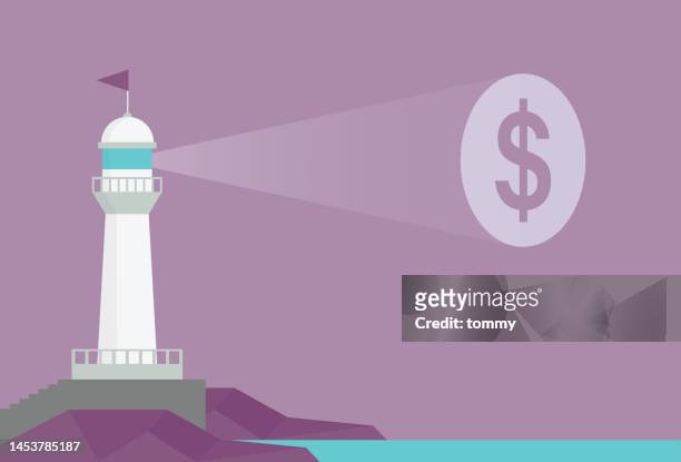 lighthouse with a us dollar sign - lighthouse beam stock illustrations