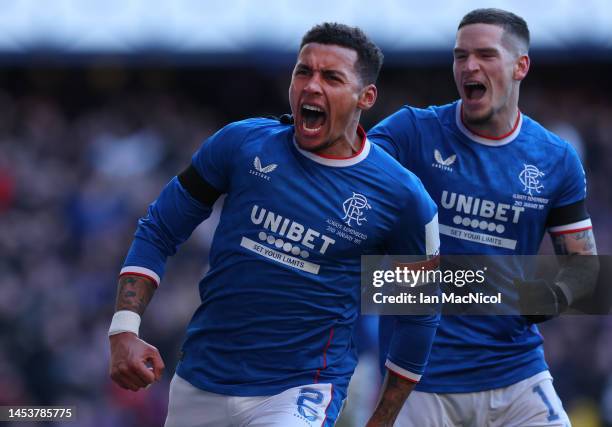 James Tavernier of Rangers celebrates after scoring his team's second goal during the Cinch Scottish Premiership match between Rangers FC and Celtic...