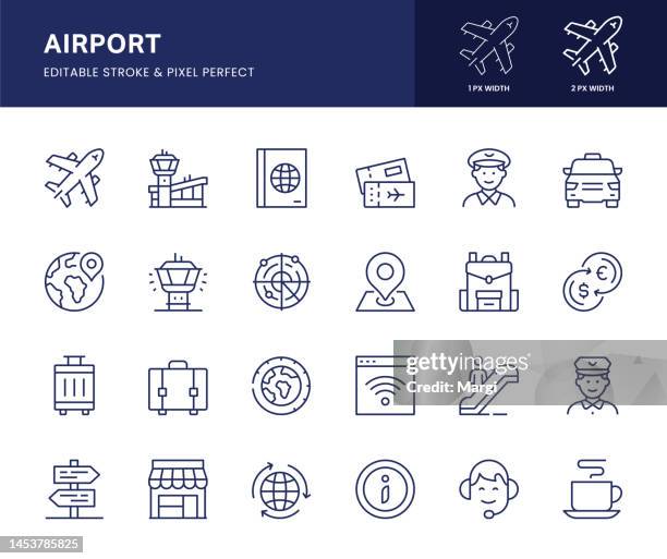 airport line icons. this icon set consists of airplane, flight ticket, destination, luggage, airport terminal and so on. - airline ticket icon stock illustrations