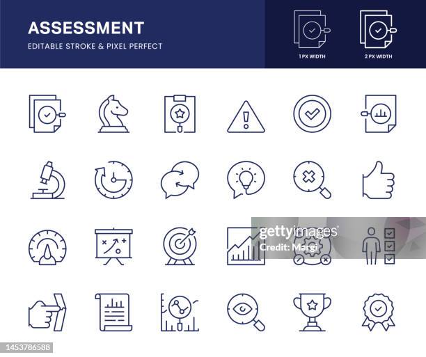 assessment line icons. this icon set consists of analyzing, comparison, result, progress, rating and so on. - effective communication stock illustrations