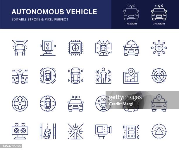 liniensymbole für autonome fahrzeugsysteme. dieses icon-set besteht aus autopilot, sensor, fernzugriff, aktiver sicherheit, notbremsassistent und so weiter. - fühler stock-grafiken, -clipart, -cartoons und -symbole