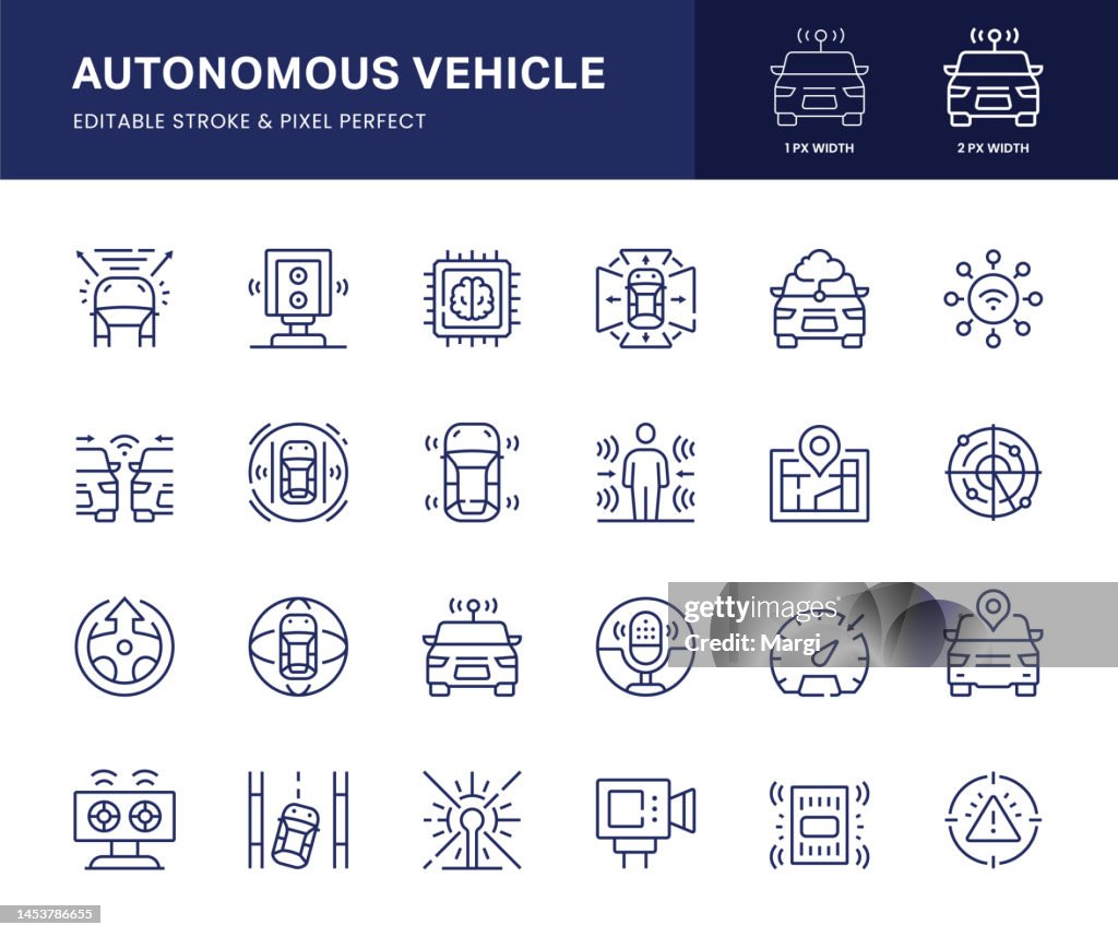 Icone di linea del sistema di veicoli autonomi. Questo set di icone è composto da pilota automatico, sensore, accesso remoto, sicurezza attiva, assistente alla frenata di emergenza e così via.
