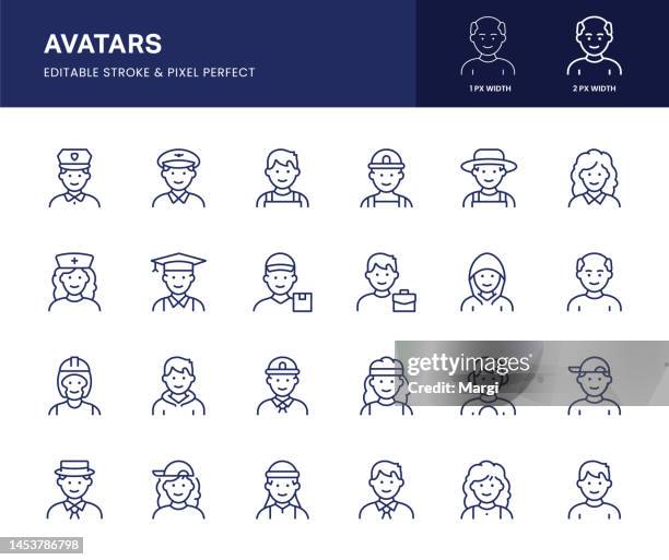 avatar-liniensymbole. dieses icon-set besteht aus ingenieur, student, krankenschwester, polizist, bauer, hausfrau und so weiter. - girl dj stock-grafiken, -clipart, -cartoons und -symbole