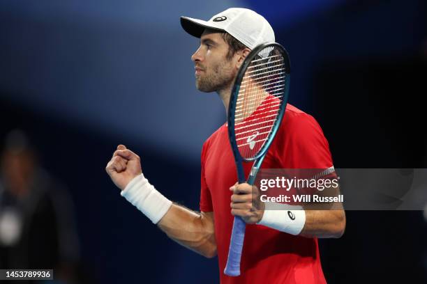 Borna Coric of Croatia celebrates after winning th Men's singles match against Arthur Rinderknech of France during day five of the 2023 United Cup at...