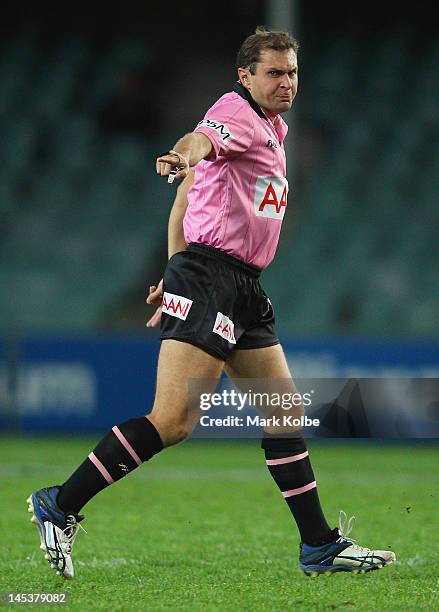 Referee Adam Devcich is seen during the round 12 NRL match between the Sydney Roosters and the Canterbury Bulldogs at Allianz Stadium on May 28, 2012...