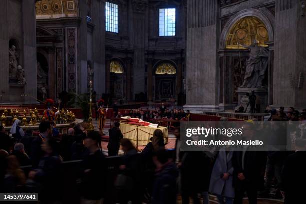 The body of Pope Emeritus Benedict XVI lies in state at St. Peter's Basilica on January 02, 2023 in Vatican City, Vatican. Joseph Aloisius Ratzinger...