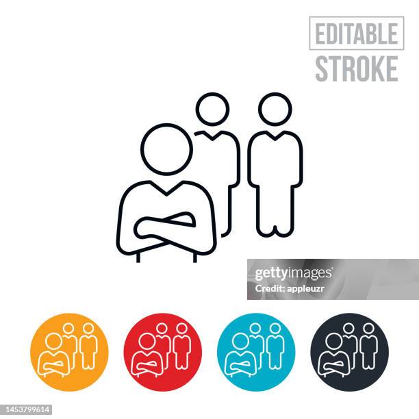 businessman with arms folded standing out from team members behind thin line icon - editable stroke - arms crossed stock illustrations