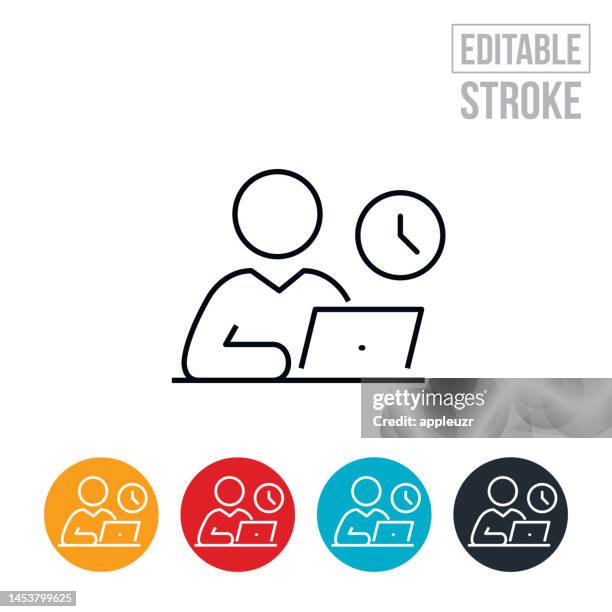 business person working late on laptop computer thin line icon - editable stroke - night-shift-icon stock illustrations