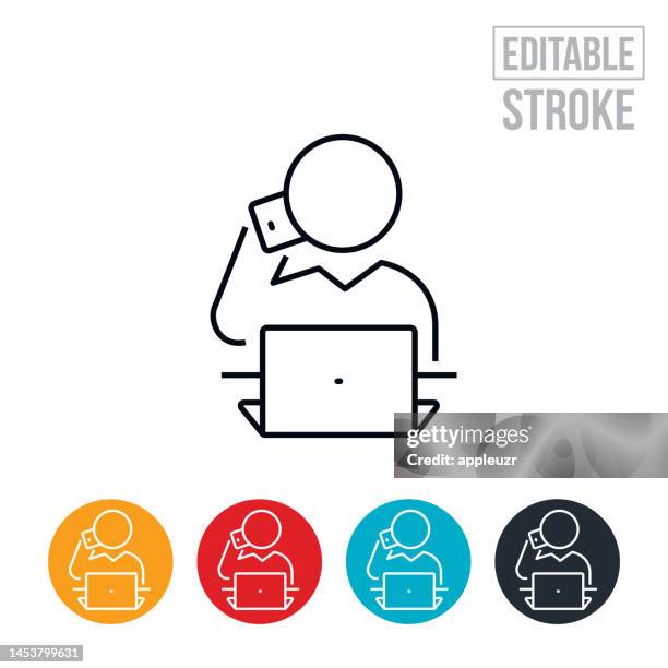 business person talking on mobile phone while sitting at laptop computer thin line icon - editable stroke - businessman sitting stock illustrations