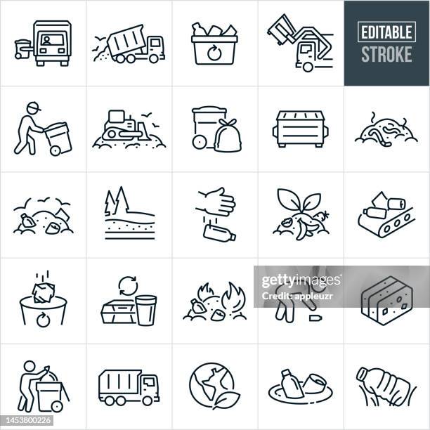 illustrazioni stock, clip art, cartoni animati e icone di tendenza di icone della linea sottile per lo smaltimento dei rifiuti - tratto modificabile - le icone includono spazzatura, spazzatura, smaltimento dei rifiuti, gestione dei rifiuti, discarica, camion della spazzatura, compostaggio, compost, riciclaggio, cestino, bido - spazzatura