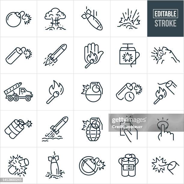 stockillustraties, clipart, cartoons en iconen met explosives thin line icons - editable stroke - icons include explosives, explosions, bomb, tnt, dynamite, missile, blast, detonation, detonator, grenade, boom - springstof wapen