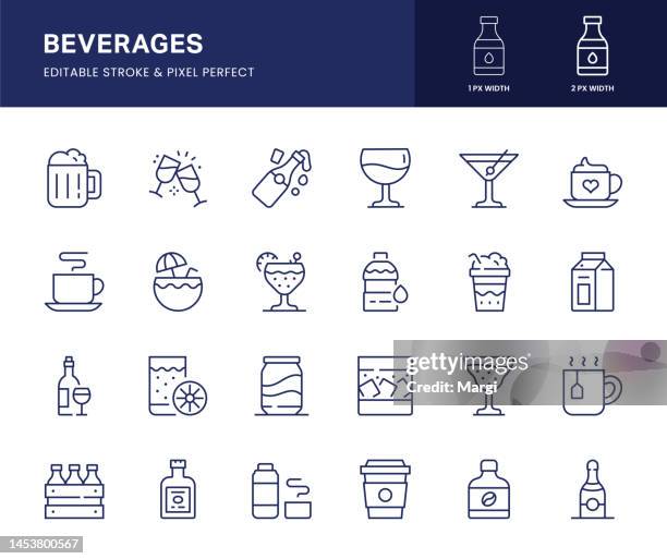 ilustraciones, imágenes clip art, dibujos animados e iconos de stock de iconos de línea de bebidas. este conjunto de iconos consiste en cerveza, champán, vino, cóctel, café, té, agua, leche, jugo, etc. - fruit juice smoothie