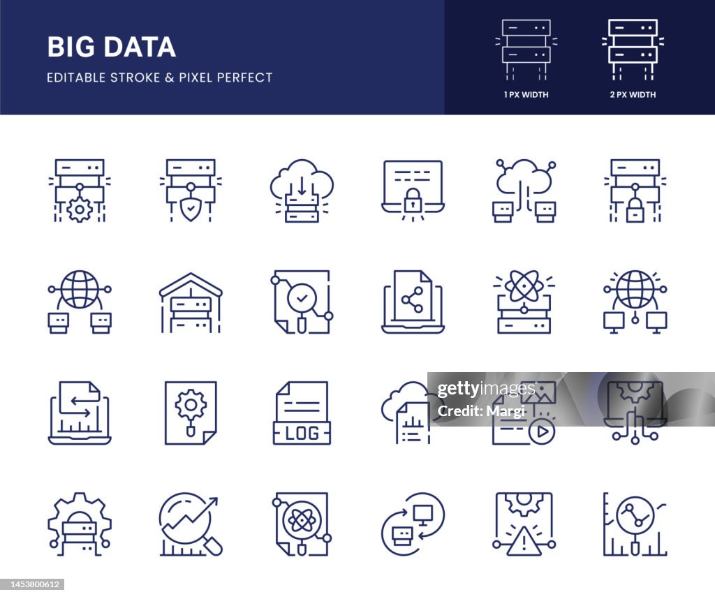 Big Data Line Icons. This icon set consists of Computer Network, Cloud Computing, Network Server, Analyzing, Data Server and so on.