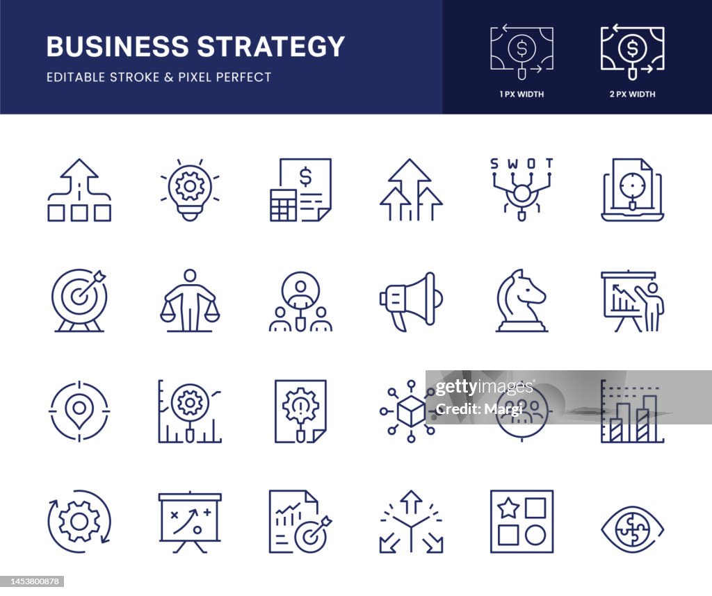 Liniensymbole für Geschäftsstrategien. Dieses Symbolset besteht aus Entscheidungen, Geschäftsziel, Markttrends, Flexibilität, Differenzierung, Vision, Marketingstrategie und so weiter.