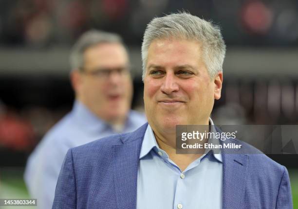 Sportscaster Steve Levy watches warmups before a game between the San Francisco 49ers and the Las Vegas Raiders at Allegiant Stadium on January 01,...