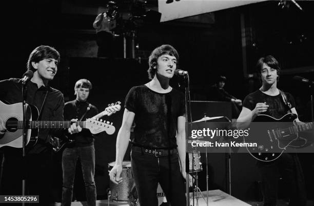 English pop and rock group the Hollies on stage performing the song 'Bus Stop' on the set of the Associated Rediffusion Television pop music...