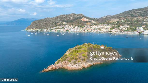 aerial photo of koronisi island and tolo village in the peloponnese, greece - otlo stock pictures, royalty-free photos & images